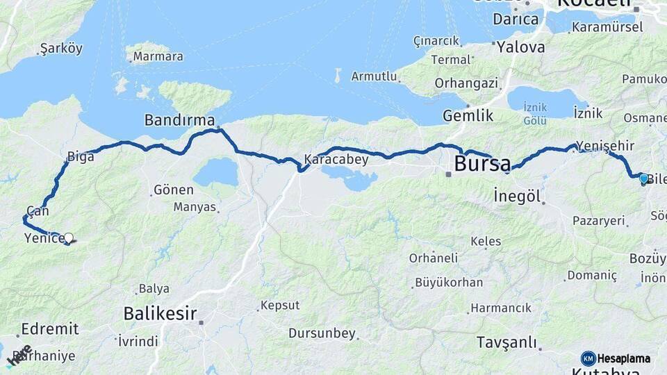 Bilecik Yenice Çanakkale Arası Kaç Km - Yol Haritası
