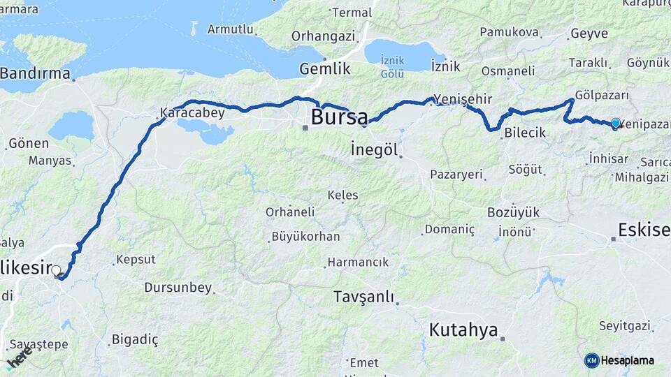 Bilecik Yenipazar Balıkesir Arası Kaç Km - Yol Haritası