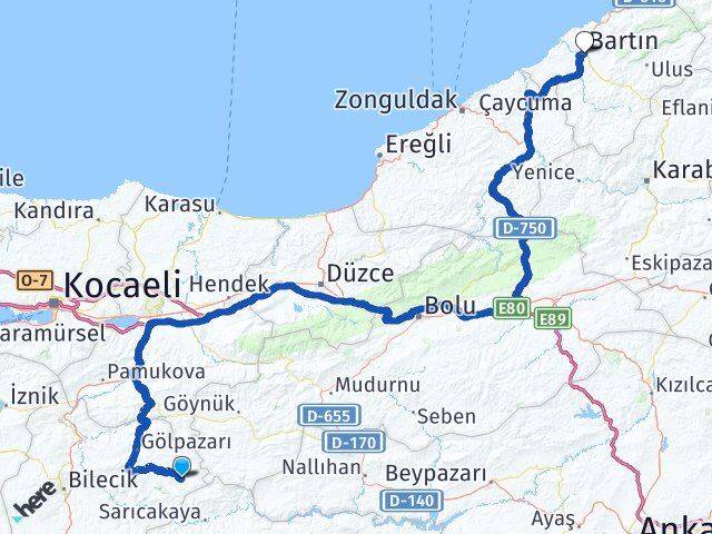 Bilecik Yenipazar Bartın Arası Kaç Km - Yol Haritası