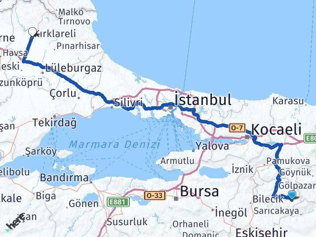 Bilecik Yenipazar Kırklareli Arası Kaç Km - Yol Haritası