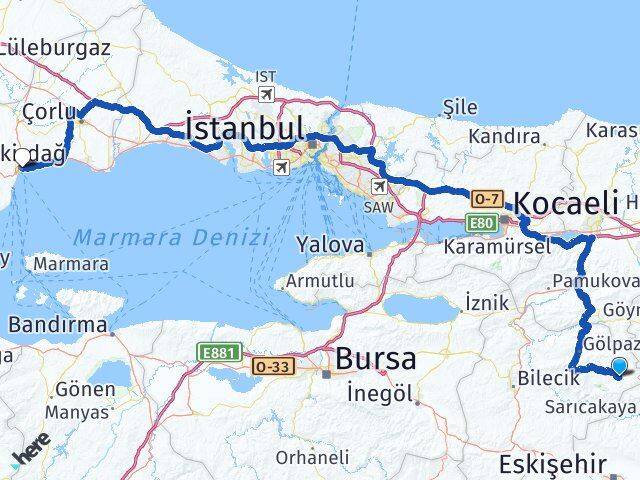 Bilecik Yenipazar Tekirdağ Arası Kaç Km - Yol Haritası