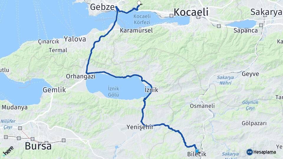 Bilecik Yukarı Hereke Körfez Kocaeli Arası Kaç Km - Yol Haritası