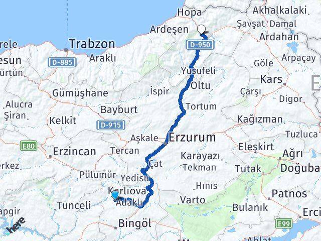 Bingöl Adaklı Artvin Arası Kaç Km - Yol Haritası