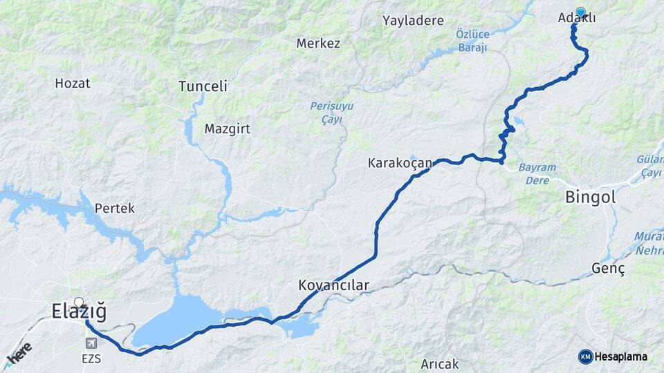 Bingöl Adaklı Elazığ Arası Kaç Km - Yol Haritası