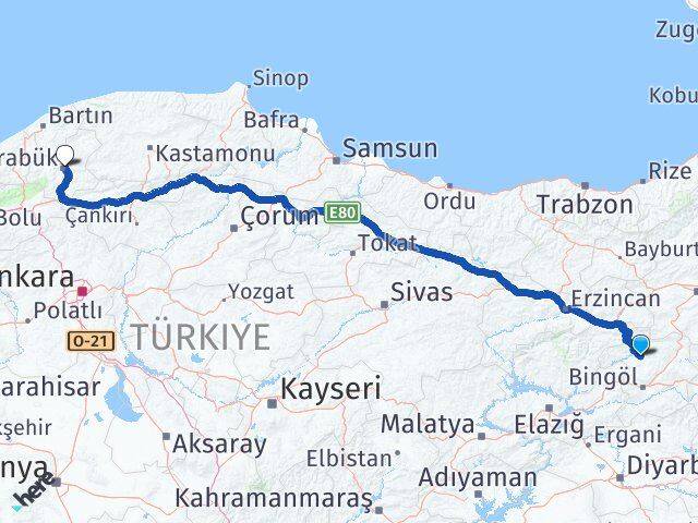 Bingöl Adaklı Karabük Arası Kaç Km - Yol Haritası