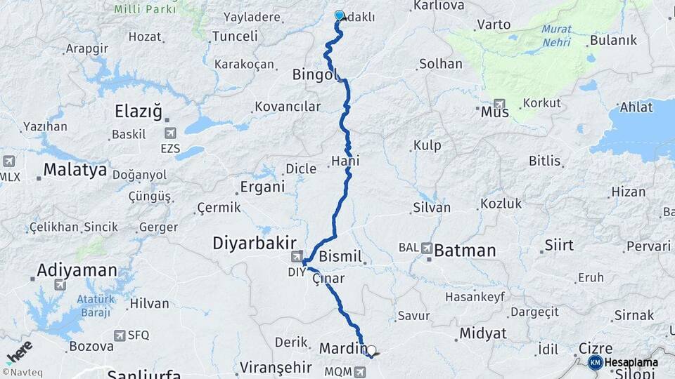 Bingöl Adaklı Mardin Arası Kaç Km - Yol Haritası