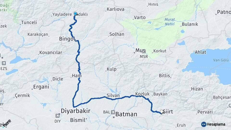 Bingöl Adaklı Siirt Arası Kaç Km - Yol Haritası