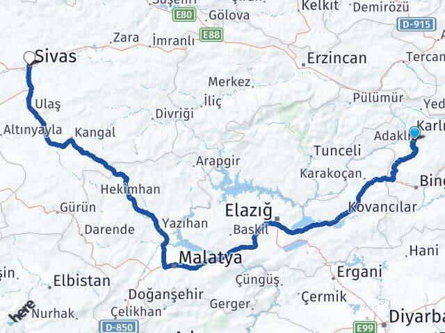Bingöl Adaklı Sivas Arası Kaç Km - Yol Haritası