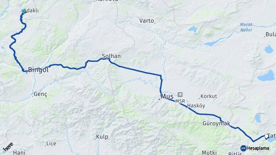 Bingöl Adaklı Tatvan Bitlis Arası Kaç Km - Yol Haritası