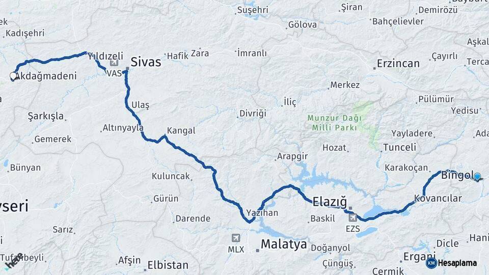 Bingöl Akdağmadeni Yozgat Arası Kaç Km - Yol Haritası
