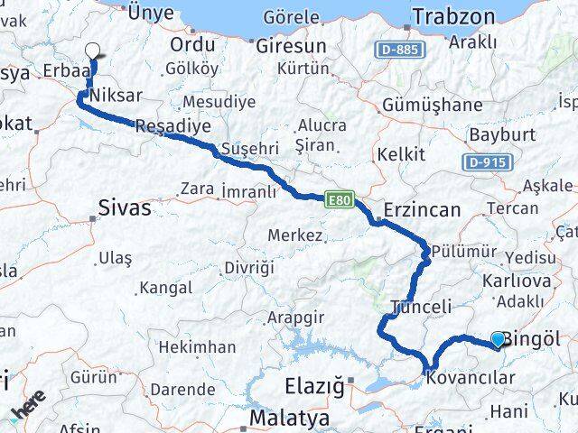 Bingöl Akkuş Ordu Arası Kaç Km - Yol Haritası