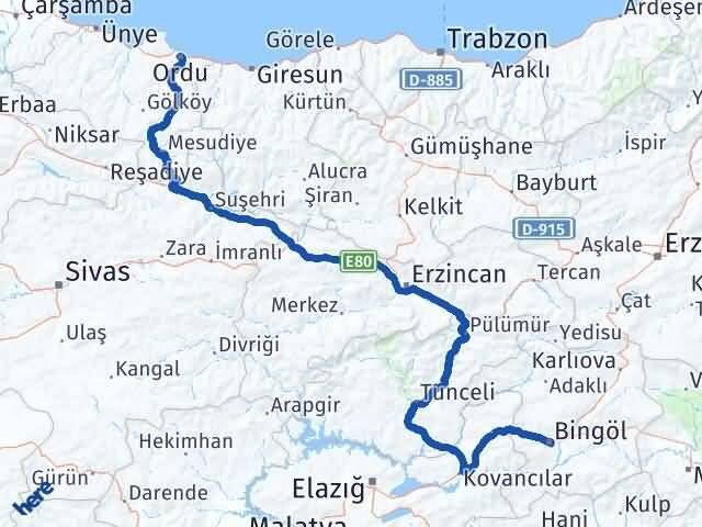 Bingöl Altınordu Arası Kaç Km - Yol Haritası