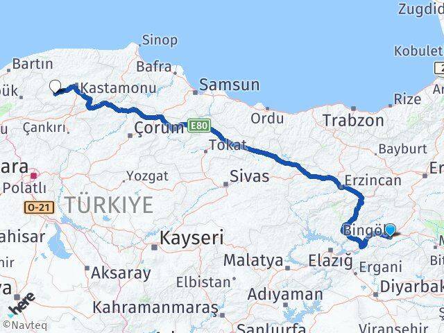Bingöl Araç Kastamonu Arası Kaç Km - Yol Haritası