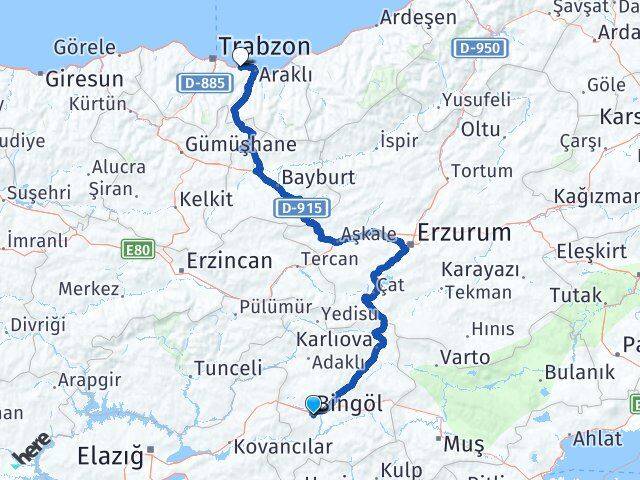 Bingöl Arsin Trabzon Arası Kaç Km - Yol Haritası