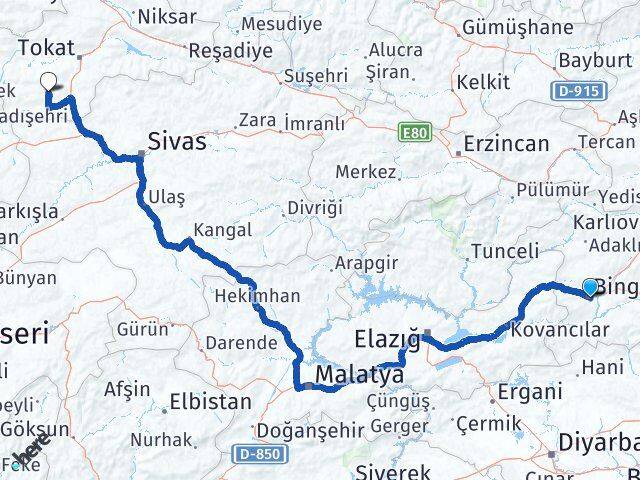 Bingöl Artova Tokat Arası Kaç Km - Yol Haritası