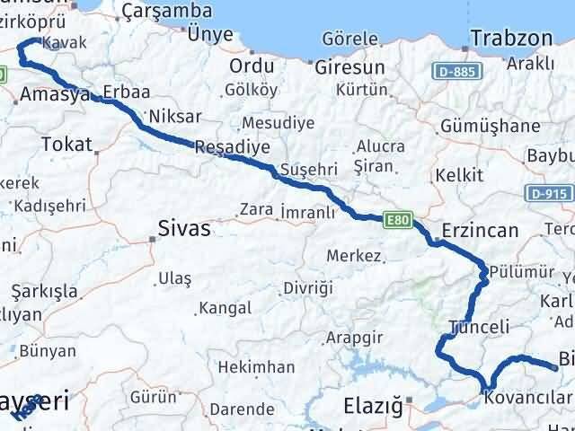 Bingöl Asarcık Samsun Arası Kaç Km - Yol Haritası