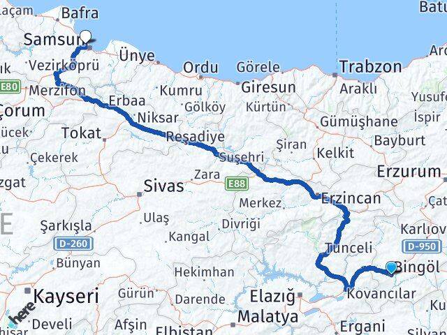 Bingöl Atakum Samsun Arası Kaç Km - Yol Haritası