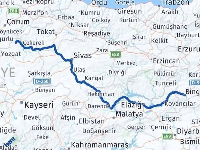 Bingöl Aydıncık Yozgat Arası Kaç Km - Yol Haritası