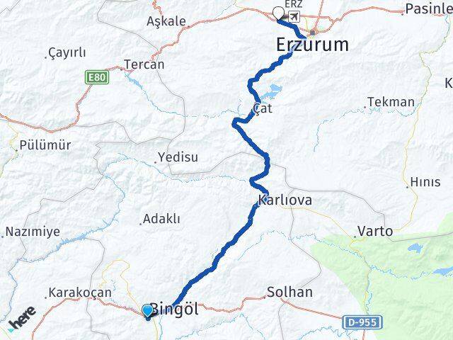Bingöl Aziziye Erzurum Arası Kaç Km - Yol Haritası