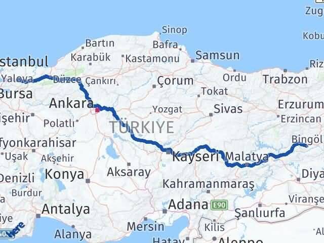 Bingöl Başiskele Kocaeli Arası Kaç Km - Yol Haritası