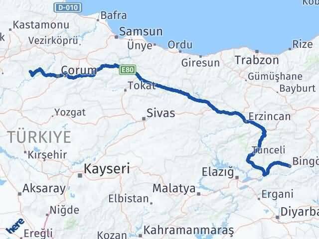 Bingöl Bayat Çorum Arası Kaç Km - Yol Haritası