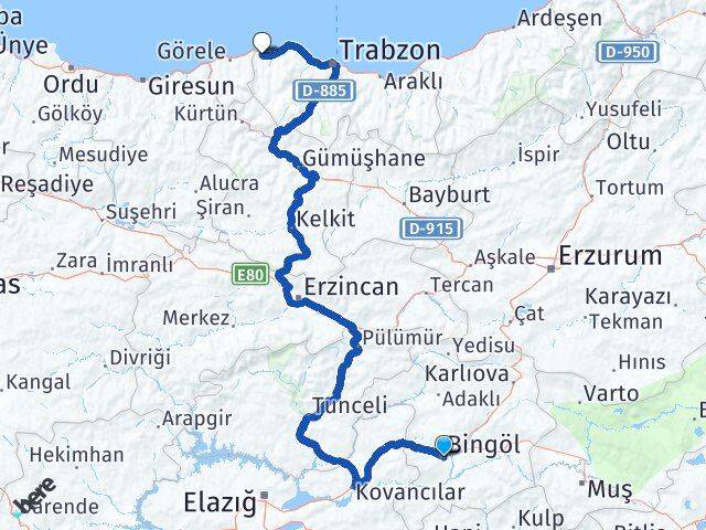 Bingöl Beşikdüzü Trabzon Arası Kaç Km - Yol Haritası