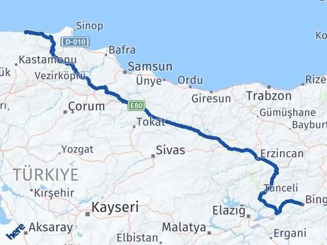 Bingöl Bozkurt Kastamonu Arası Kaç Km - Yol Haritası