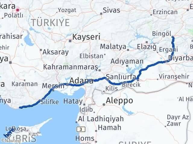 Bingöl Bozyazı Mersin Arası Kaç Km - Yol Haritası