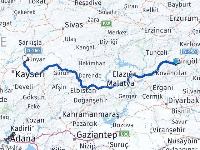 Bingöl Bünyan Kayseri Arası Kaç Km - Yol Haritası