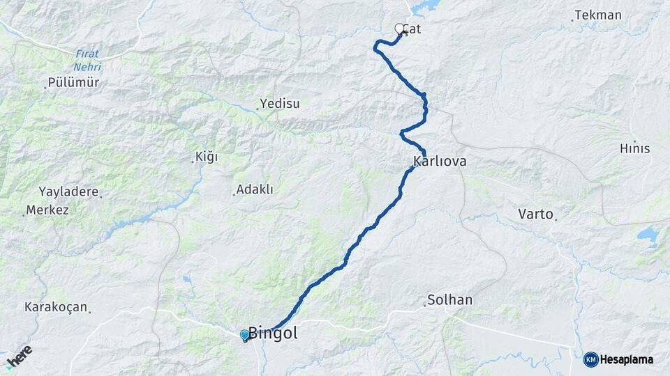 Bingöl Çat Erzurum Arası Kaç Km - Yol Haritası