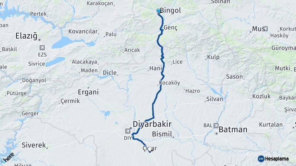 Bingöl Çınar Diyarbakır Arası Kaç Km - Yol Haritası