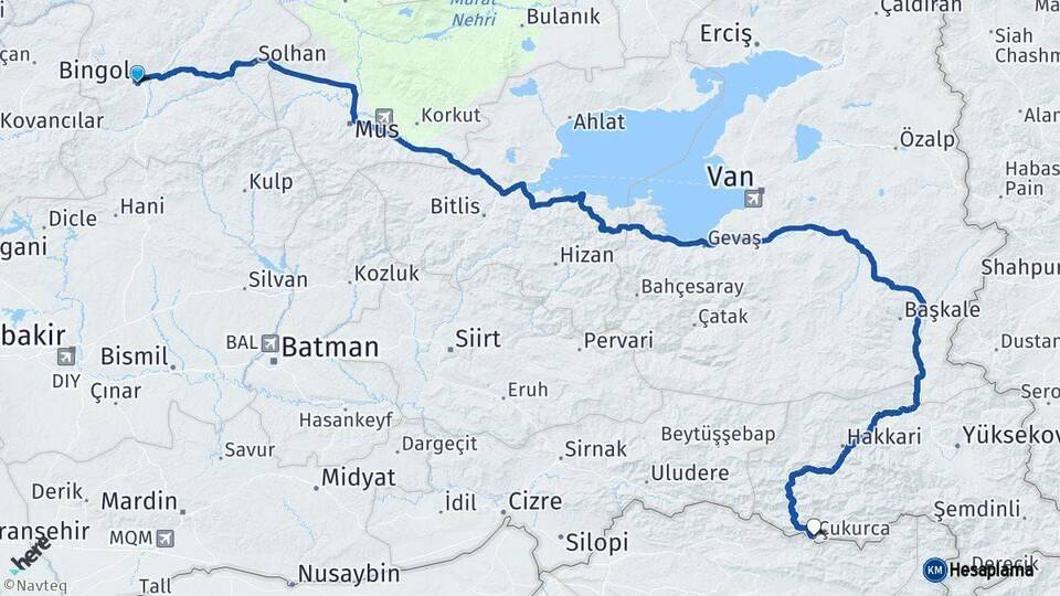 Bingöl Çukurca Hakkari Arası Kaç Km - Yol Haritası
