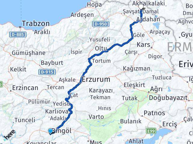 Bingöl Damal Ardahan Arası Kaç Km - Yol Haritası