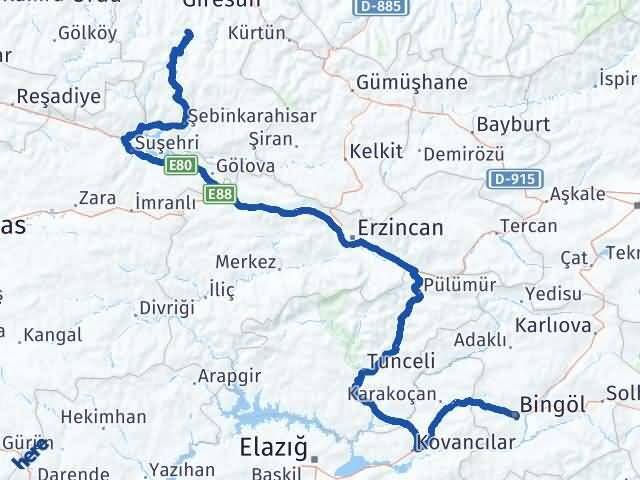 Bingöl Dereli Giresun Arası Kaç Km - Yol Haritası