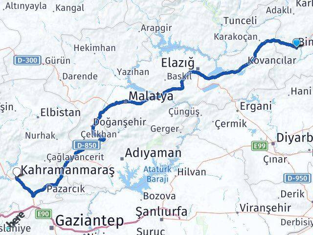 Bingöl Dulkadiroğlu Kahramanmaraş Arası Kaç Km - Yol Haritası