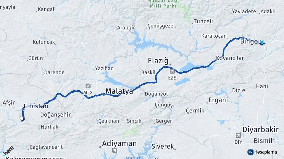 Bingöl Ekinözü Kahramanmaraş Arası Kaç Km - Yol Haritası