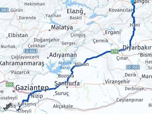 Bingöl Elbeyli Kilis Arası Kaç Km - Yol Haritası