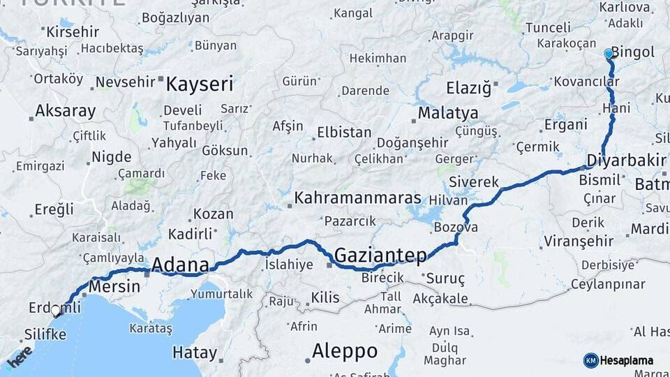 Bingöl Erdemli Mersin Arası Kaç Km - Yol Haritası