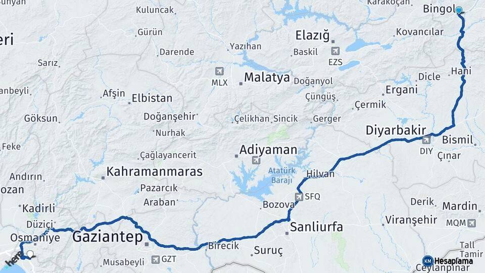 Bingöl Erzin Hatay Arası Kaç Km - Yol Haritası