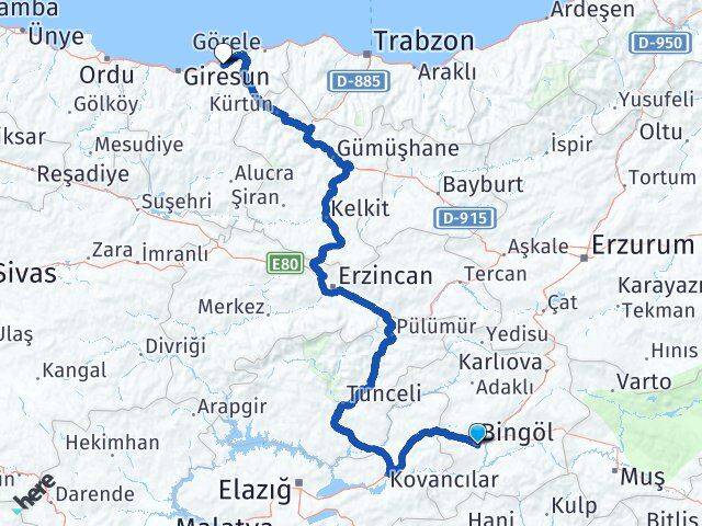 Bingöl Espiye Giresun Arası Kaç Km - Yol Haritası