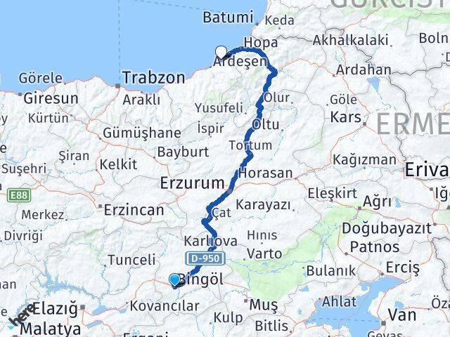 Bingöl Fındıklı Rize Arası Kaç Km - Yol Haritası