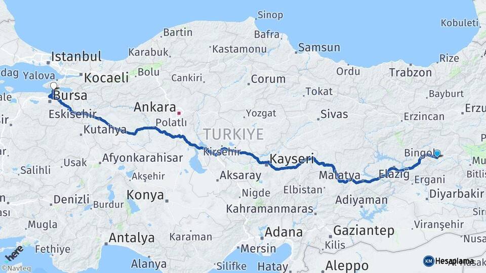 Bingöl Gemlik Bursa Arası Kaç Km - Yol Haritası