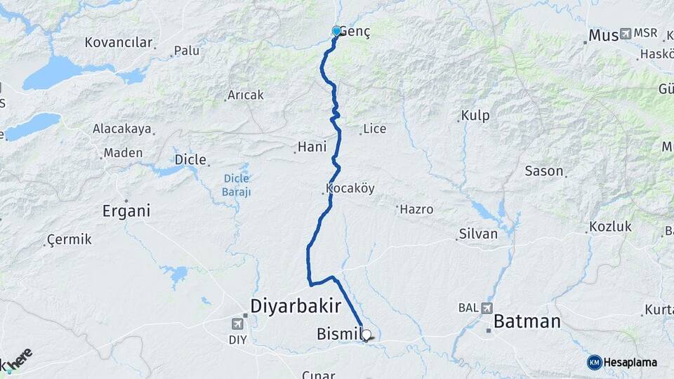 Bingöl Genç Bismil Diyarbakır Arası Kaç Km - Yol Haritası