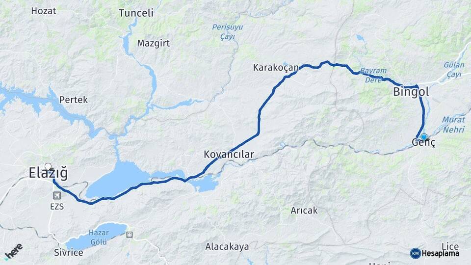 Bingöl Genç Elazığ Arası Kaç Km - Yol Haritası