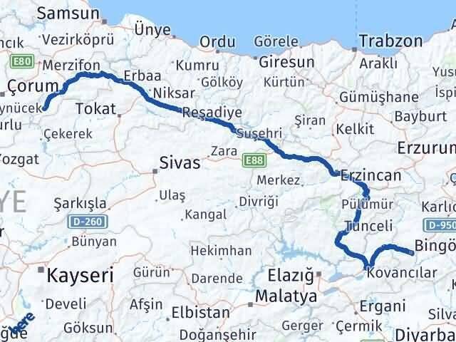 Bingöl Göynücek Amasya Arası Kaç Km - Yol Haritası