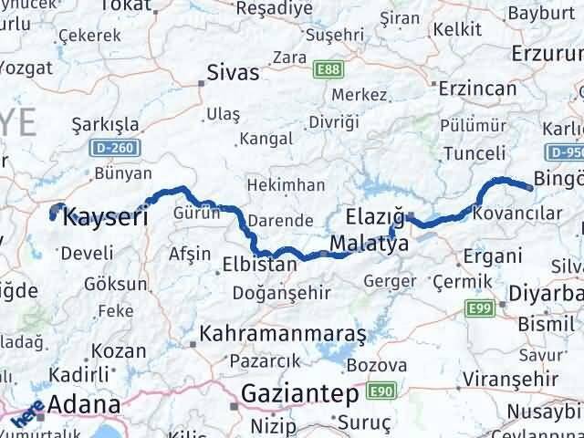 Bingöl Hacılar Kayseri Arası Kaç Km - Yol Haritası