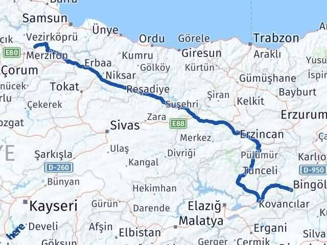 Bingöl Havza Samsun Arası Kaç Km - Yol Haritası