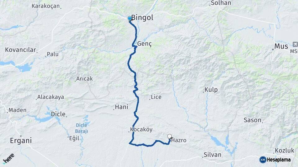 Bingöl Hazro Diyarbakır Arası Kaç Km - Yol Haritası