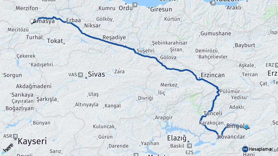 Bingöl İçmeler Arası Kaç Km - Yol Haritası