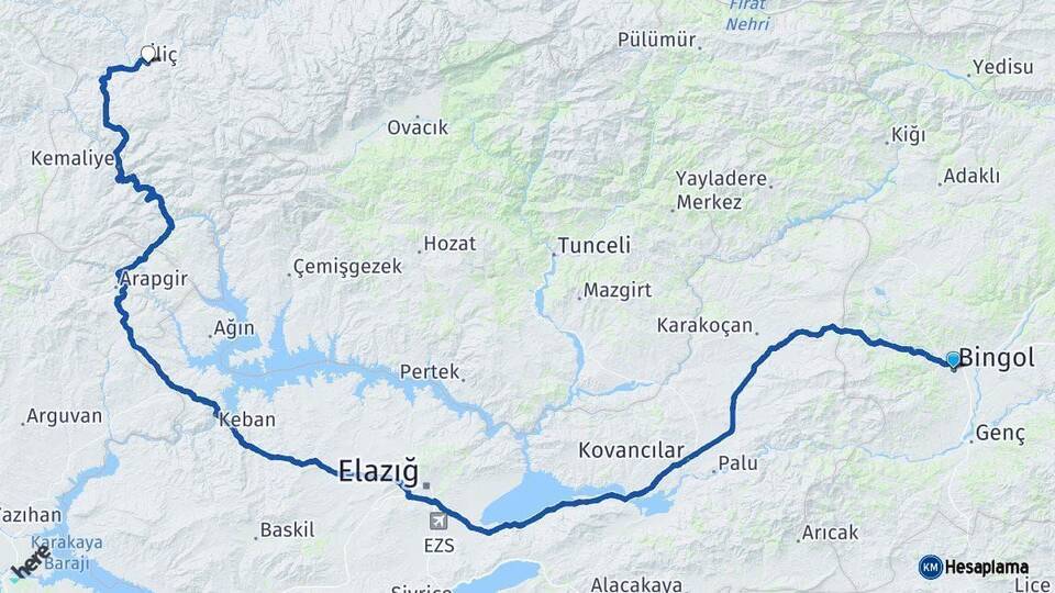 Bingöl İliç Erzincan Arası Kaç Km - Yol Haritası